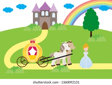 A children's style illustration showing the enchanted fairy tale world, princess, castle and carriage.
