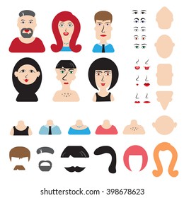 Children's stylized drawing characters. Men and women head and face constructor or avatar constructor. You can easily create your own character
