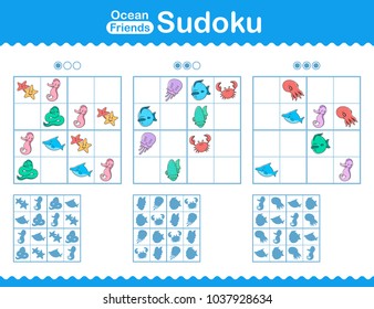 Childrens sudoku puzzle with colorful cartoon ocean animals in a grid with empty squares and a silhouette answer below, three levels - easy, medium and hard suitable for primary school or recreation