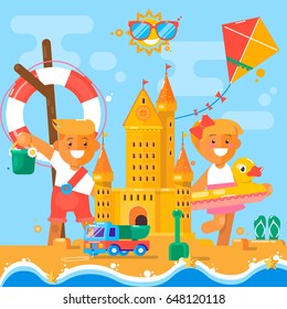 Children's summer activities at the beach.Vector illustration