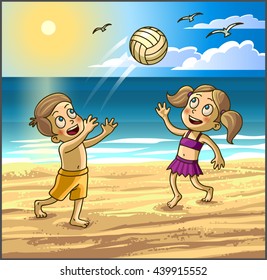 Childrens summer activities. Happy kids boy and girl are playing with ball on summer beach. Vector Illustration.