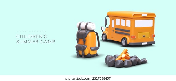 Campo de verano para niños. Autobús escolar amarillo 3D, mochila, fuego. Transporte seguro al camping. Curando en la naturaleza, interesante tiempo de ocio con compañeros. Banner publicitario