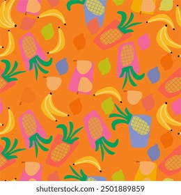 children's summer colorful fruits rapport orange background endless print texti