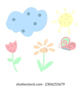 Children's summer doodle clipart with pastel colors 