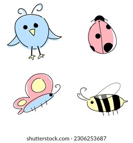 Children's summer doodle clipart with pastel colors 