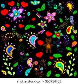 Children's summer pattern with bears, hearts and swirls on a black background,  can be used for wallpaper, pattern fills, web page background,surface textures