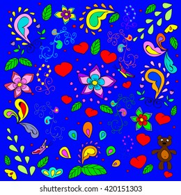 Children's summer pattern with bears and hearts, swirls on a blue background,  can be used for wallpaper, pattern fills, web page background,surface textures