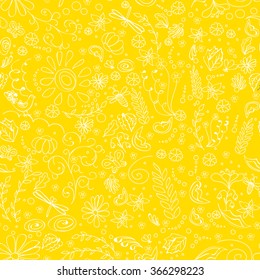 Children's summer pattern with flowers, leaves on yellow background, can be used for wallpaper, pattern fills, web page background,surface textures.