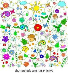 Children's summer pattern with flowers, leaves, mushrooms, sun, clouds, dragonflies, bees, stars and butterflies on white background, can be used for wallpaper, pattern fills, web,surface textures.