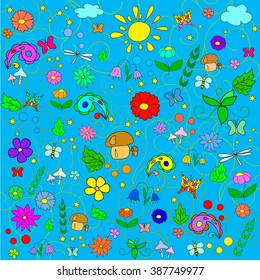 Children's summer pattern with flowers, mushrooms, sun, clouds, dragonflies, stars and butterflies on blue background, can be used for wallpaper, pattern fills, web page background,surface textures.