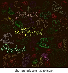 Children's summer pattern with v?getables and fruits on black background, can be used for wallpaper, pattern fills, web page background,surface textures.