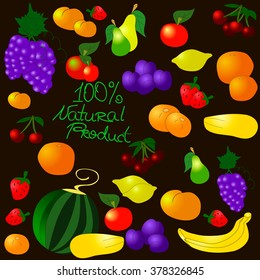 Children's summer pattern with fruits on black background, can be used for wallpaper, pattern fills, web page background,surface textures.