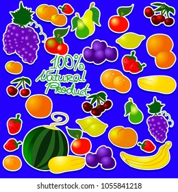 Children's summer pattern with fruits stickers on blue background, can be used for wallpaper, pattern fills, web page background,surface textures.