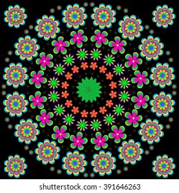 Children's  summer pattern mandala with flowers, leaves  on black background, can be used for wallpaper, pattern fills, web page background,surface textures.
