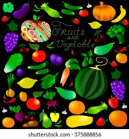 Children's summer pattern with vegetables and fruits on black background, can be used for wallpaper, pattern fills, web page background, surface textures.