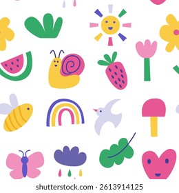 Children's summer seamless pattern, created with a hand-drawn rainbow, sun, flowers and strawberries, is available for use on fabric, packaging. Cute naive cutout elements and doodle organic shapes.