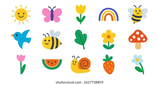 Children's summer seamless pattern, created with a hand-drawn rainbow, sun, flowers and strawberries, is available for use on fabric, packaging. Cute naive cutout elements and doodle organic shapes.