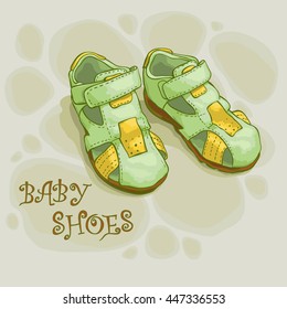 Children's summer shoes  green  for boys  freehand drawing