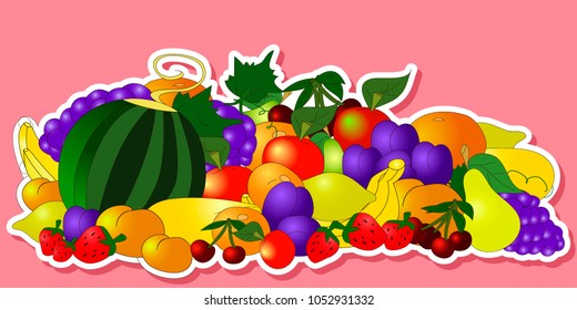Children's summer stickers with fruits on pink background, can be used for wallpaper, pattern fills, web page background,surface textures.