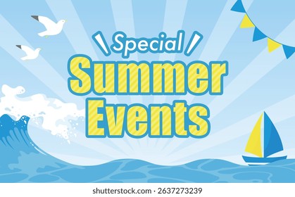 Children's summer vacation and summer background frame material with the image of pools, oceans, and water play_waves, seagulls, etc.
