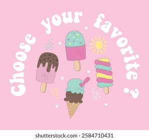 Children's summer vector print with cute ice creams, sun, heart for baby, kids textile, fabric, packaging, wallpaper, wrapping paper design,sticker.