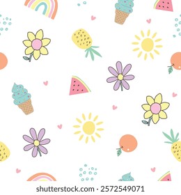 Children's summer vector seamless pattern with cute hand drawn flowers, rainbow, sun, fruit for baby, kids textile, fabric, packaging, wallpaper, wrapping paper design,sticker.