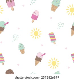 Children's summer vector seamless pattern with cute ice creams, sun, heart for baby, kids textile, fabric, packaging, wallpaper, wrapping paper design,sticker.