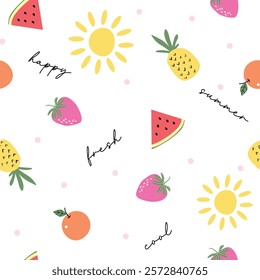 Children's summer vector seamless pattern with cute hand drawn sun, fruits for baby, kids textile, fabric, packaging, wallpaper, wrapping paper design,sticker.