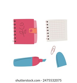 Childrens supplies cute elements of elementary school. notes for stickers, scrapbooking. Kindergarten flat elements for education. Back to school.
