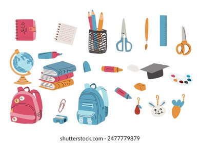 Childrens supplies cute elements of elementary school. Schoolbag, pendant, globe, pencils and books, notes for stickers, scrapbooking. Kindergarten flat elements for education. Back to school.