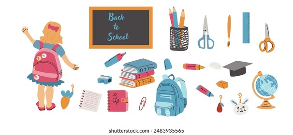 Childrens supplies cute elements of elementary school. Schoolbag, pendant, globe, pencils and books, notes for stickers, scrapbooking. Kindergarten flat elements for education. Back to school.