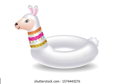 Childrens swimming circle in shape of alpaca vector illustration. Llama pool ring floater rubber inflatable toy flat style concept. Summer time concept