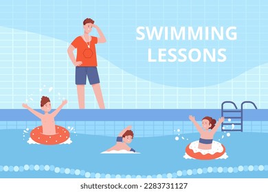 Childrens swimming coach. Swim lessons club, learn kid swimmers with instructor poolside, cartoon teacher and child group training exercise competition in pool, vector illustration of coach pool class