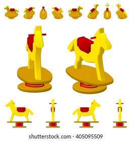 Children's swing horse on a spring, in different projections from different angles, isometric, flat. Isolated on white background.