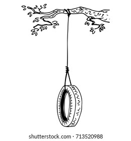 Children's swing on a tree branch. Swing from the car tire. A wheel tied to a tree branch. Vector illustration.