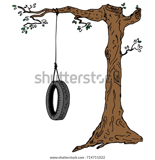Children\'s swing on a\
tree branch. Swing from the car tire. Wheel tied to a tree branch.\
Vector\
illustration.