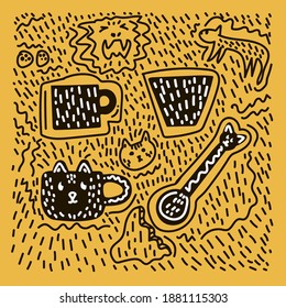 Children's tableware with Doodle pattern. Hand-drawn texture of a set of dishes: plate, bowl, Cup, spoon. Clipart for the cafe menu and children's menu. Dishes in the circle of a hand-drawn drawing