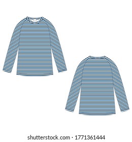 Childrens technical sketch navy blue stripe raglan sweatshirt isolated on white background. KIds wear jumper design template. Front and back view. Vector illustration