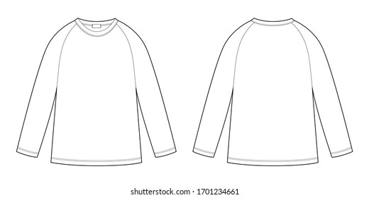 Childrens technical sketch raglan sweatshirt. KIds wear jumper design template isolated on white background. Front and back view. Outline vector illustration