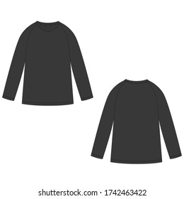 Childrens technical sketch raglan sweatshirt in black color. KIds wear jumper design template isolated on white background. Front and back view. Outline vector illustration