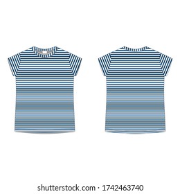 Childrens technical sketch tee shirt in blue stripes fabric. T-shirt blank template vector illustration isolated on white background.  Front and back. Casual style.