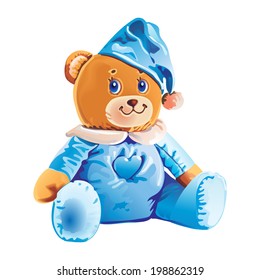 Children's teddy bear in blue pajamas