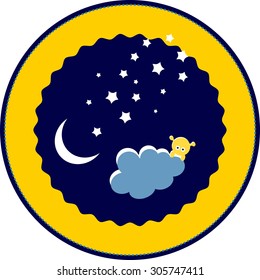 Children's template with humanoid. Emblem with the moon, clouds and stars, vector illustration
