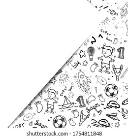 Children's template for inscriptions, photos, elements, notes, lists, etc. Images of a boy, rockets, stars, slingshots, cars, toy planes, paper boat on a white background. Corner of a white sheet.