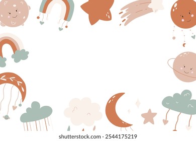 Children's template with text field for invitations, cards, banners in boho style. Horizontal card in boho style with place for text.Vector illustration.