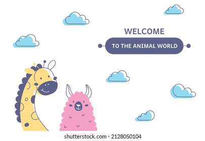 Children's tender banner with giraffe and llama. Postcard with animals in the clouds. Vector flat illustration