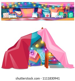 Children's tent made of wooden chairs and blankets isolated on white background. Vector cartoon close-up illustration.