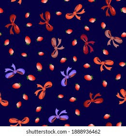 Childrens texture. Bows and strawberries, seamless pattern. Ribbon tied with bow and berry. Dark blue background. Bright pattern.