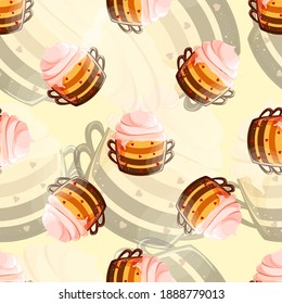 Childrens texture. Seamless background with mug and pudding. Pattern in beige and yellow. Bright striped mug. Colorful and bright. Printing, packaging design, packaging, textiles.