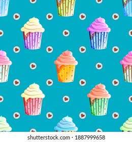 Childrens texture. Seamless background with pastries. Pattern with hearts and sweets. Colorful and bright. Printing, packaging design, packaging, textiles.